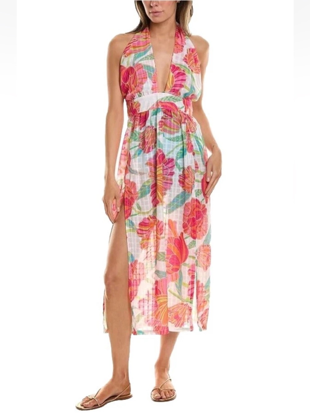 Trina Turk Poppy Floral Print High Neck Midi Dress Swim Cover Up Size Large NWT - Picture 3 of 14